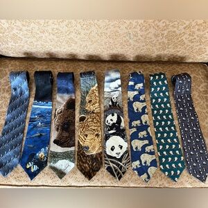 Lot of 7 pure silk ties endangered species, panda bear, shark, bear, polar bear